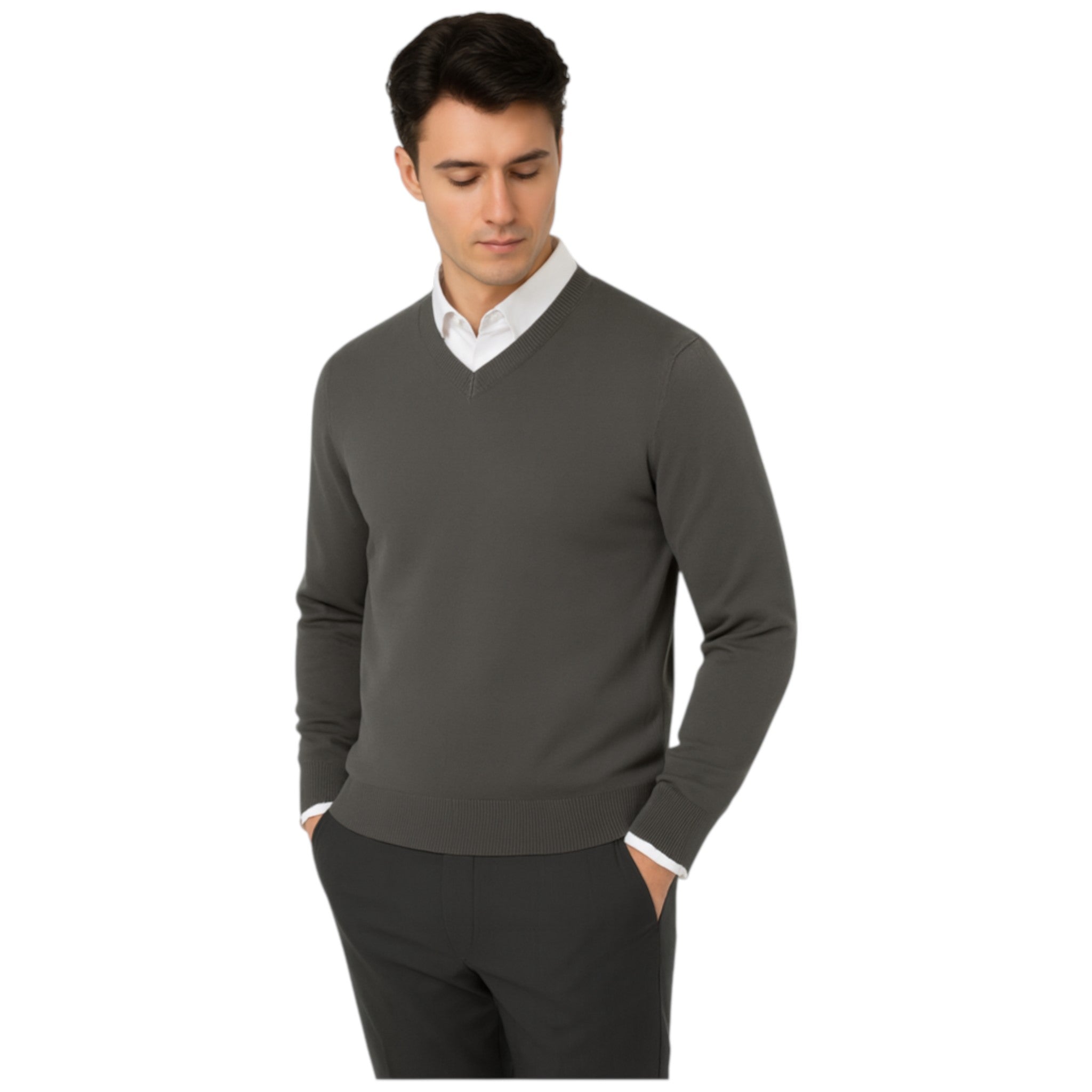 Men’s classic charcoal grey v-neck jumper – soft knit pullover sweater with long sleeves